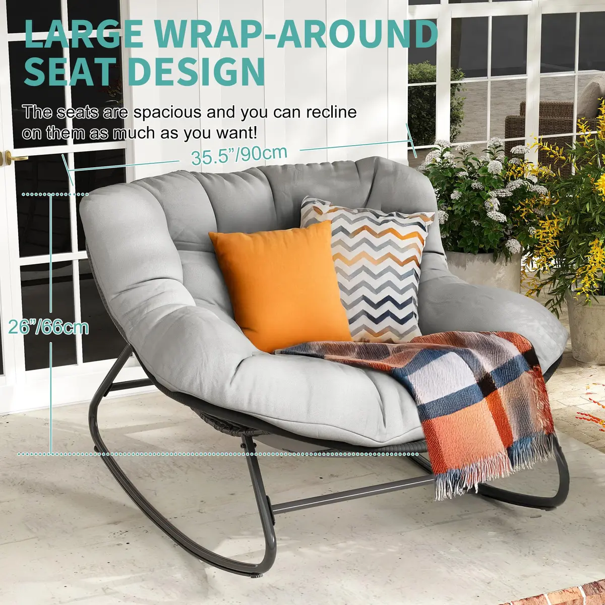 Fancyango Oversized Egg Rocking Chair for Indoor/Outdoor – All-Weather Wicker Rattan Lounge Chair with Cushion, Patio Rocker for Porch, Garden, or Balcony (Grey, 37.8" D x 36.6" W x 33" H) - view 2