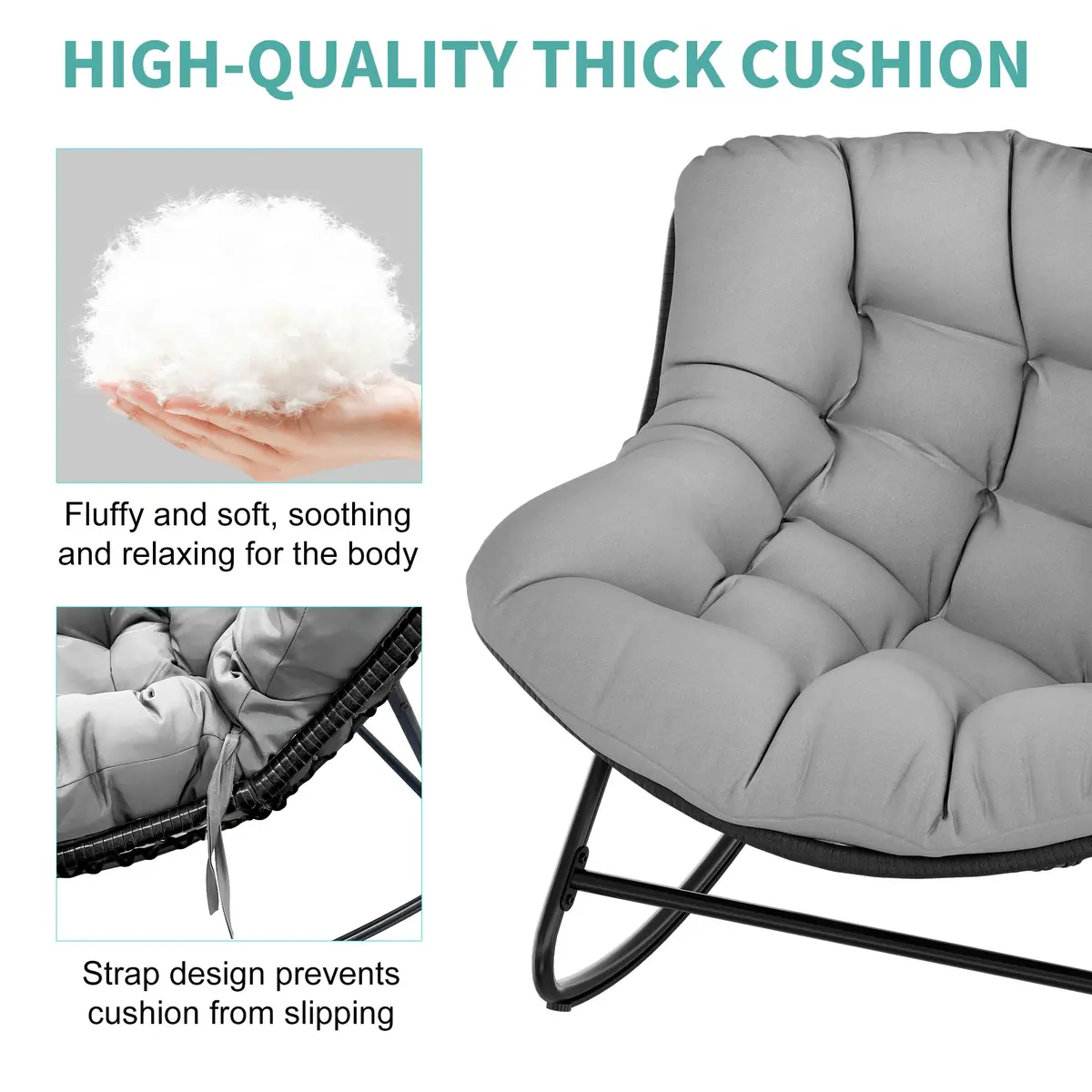 Fancyango Oversized Egg Rocking Chair for Indoor/Outdoor – All-Weather Wicker Rattan Lounge Chair with Cushion, Patio Rocker for Porch, Garden, or Balcony (Grey, 37.8" D x 36.6" W x 33" H) - view 3