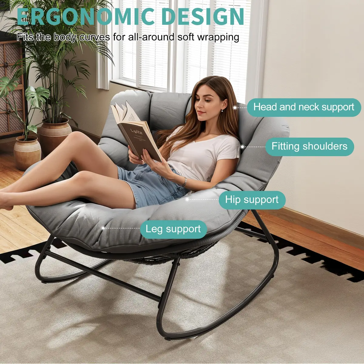 Fancyango Oversized Egg Rocking Chair for Indoor/Outdoor – All-Weather Wicker Rattan Lounge Chair with Cushion, Patio Rocker for Porch, Garden, or Balcony (Grey, 37.8" D x 36.6" W x 33" H) - view 4