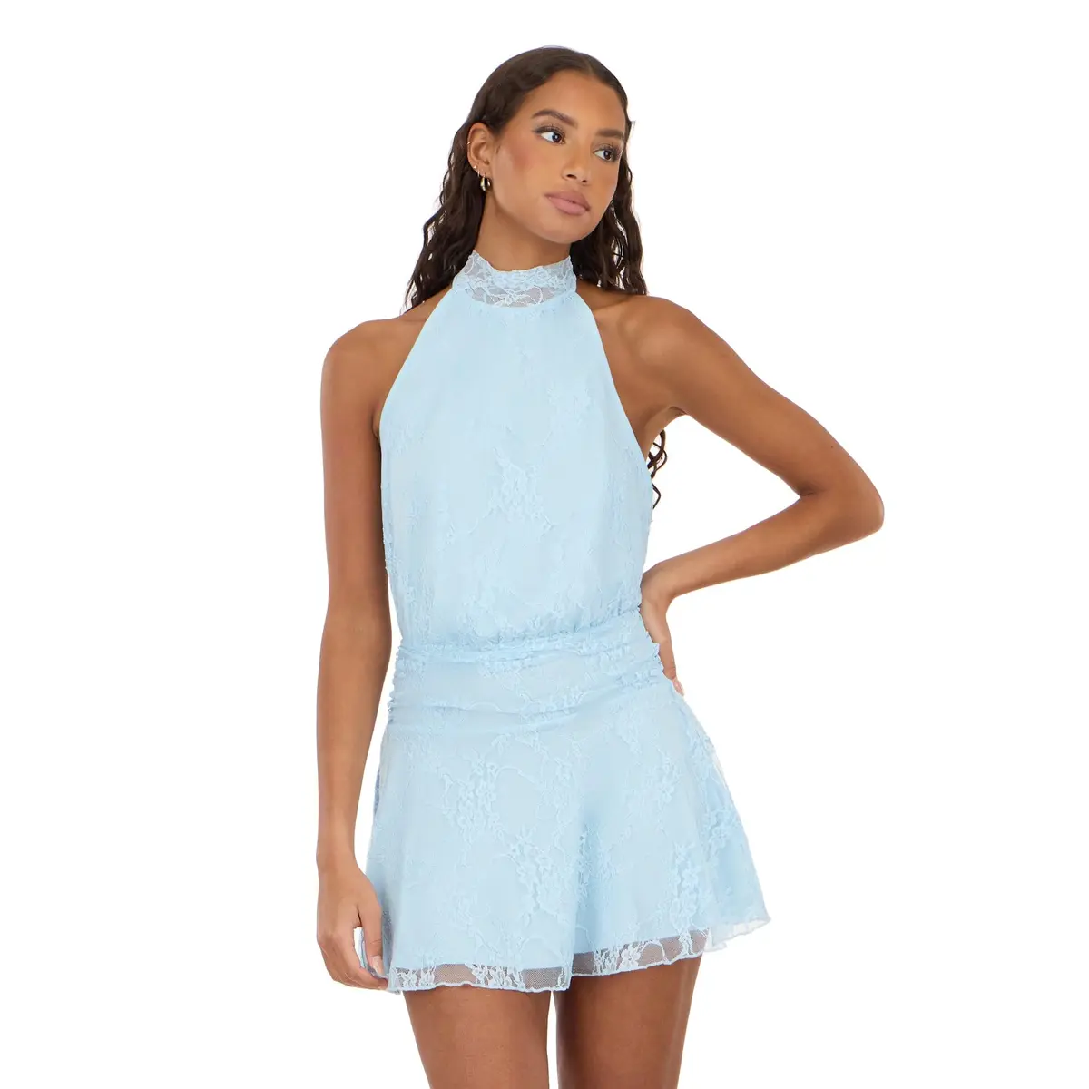 Forever 21 Women's Halter Neck Mini Lace Dress with Pleating at Waist, Blue, XL | Flattering Fit & Feminine Style - main product image