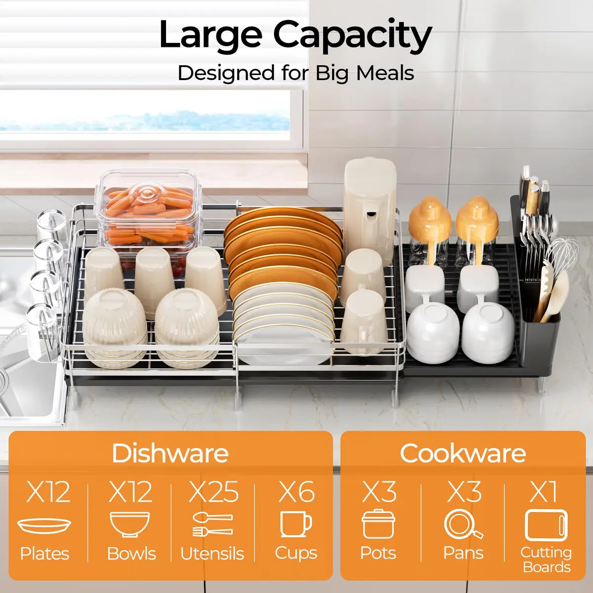 Delamu Stainless Steel Dish Drying Rack, Expandable, 13.4"-28.7" | Rust-Resistant & Foldable - view 3