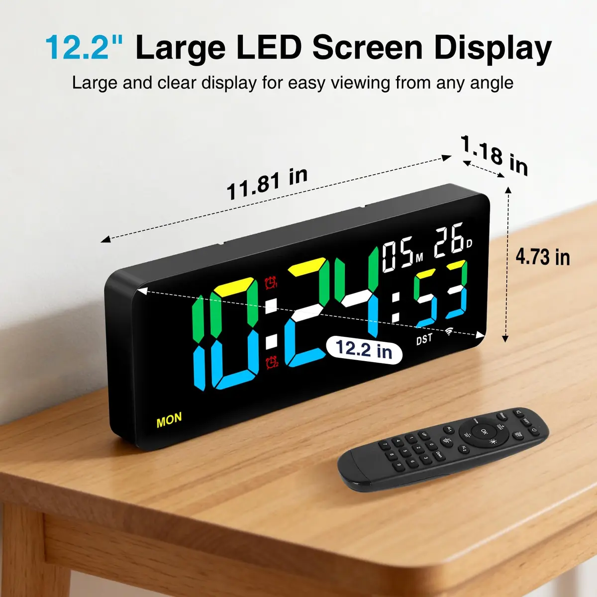 XREXS 12.2 Inch Digital Wall Clock WiFi Sync with Seconds & Remote Control | Large LED Display, Multi-Color Brightness, Calendar & Timer - view 4