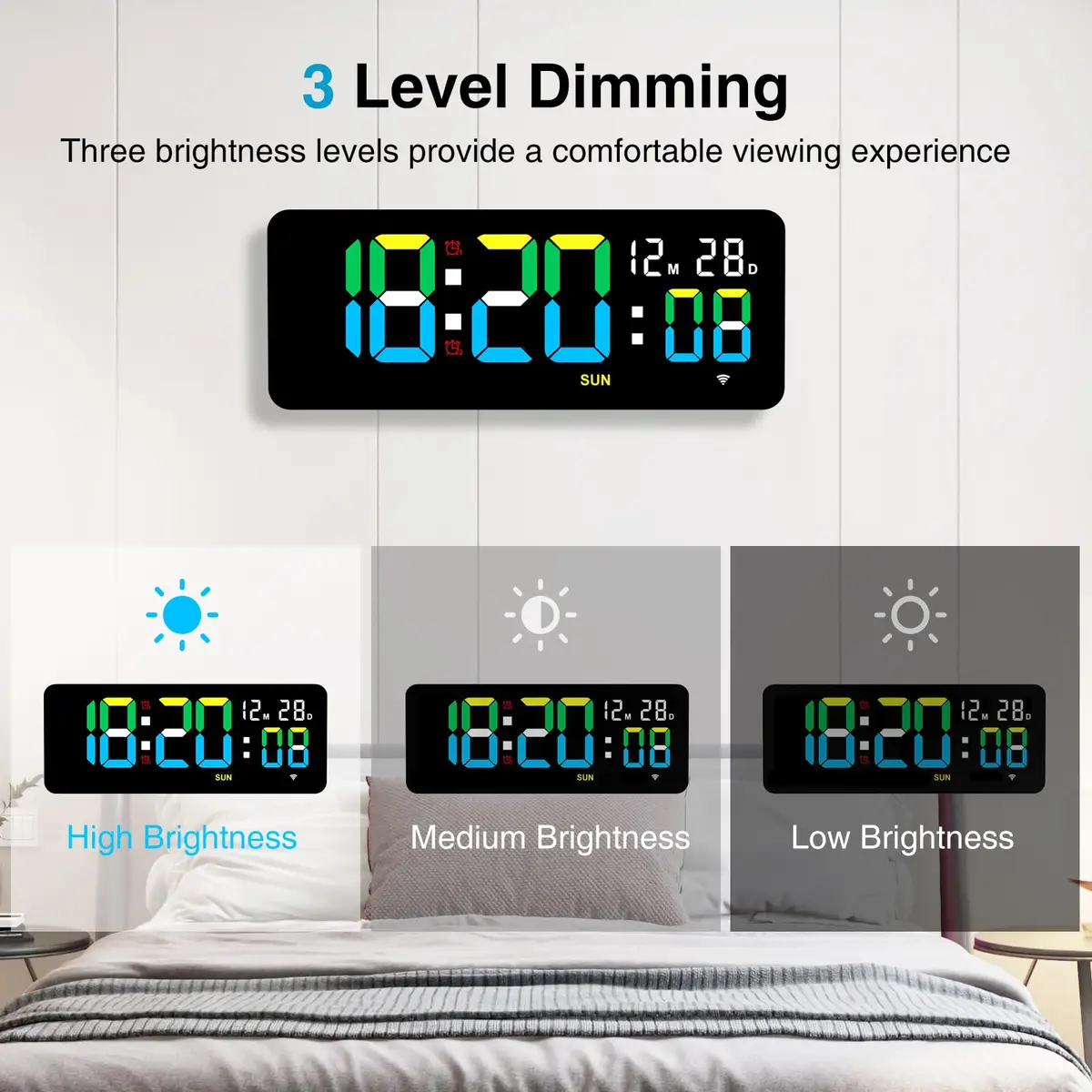 XREXS 12.2 Inch Digital Wall Clock WiFi Sync with Seconds & Remote Control | Large LED Display, Multi-Color Brightness, Calendar & Timer - view 5