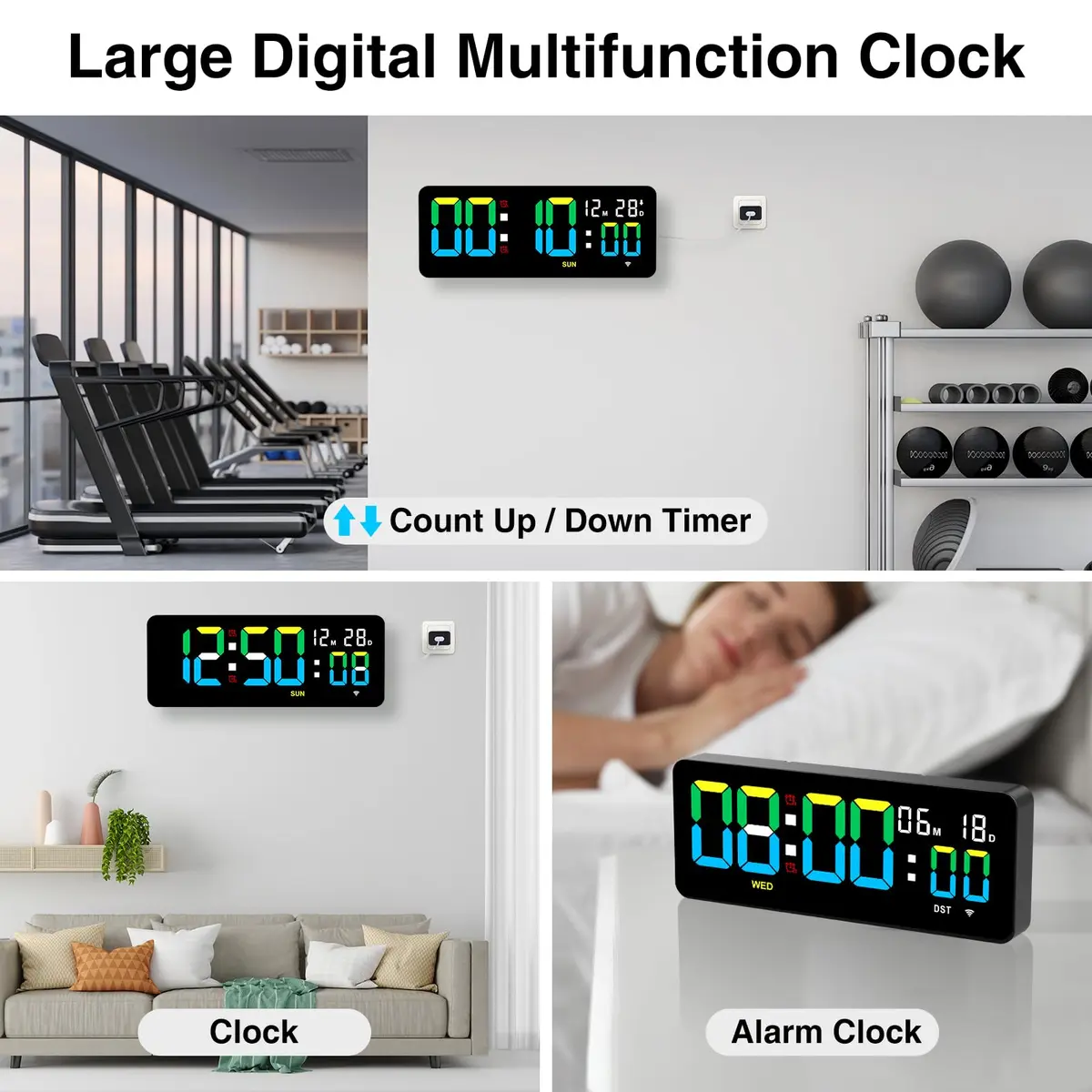 XREXS 12.2 Inch Digital Wall Clock WiFi Sync with Seconds & Remote Control | Large LED Display, Multi-Color Brightness, Calendar & Timer - view 6