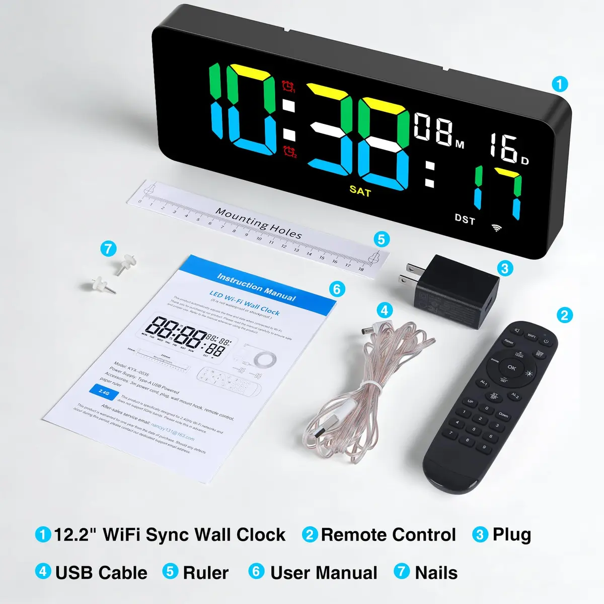 XREXS 12.2 Inch Digital Wall Clock WiFi Sync with Seconds & Remote Control | Large LED Display, Multi-Color Brightness, Calendar & Timer - view 7