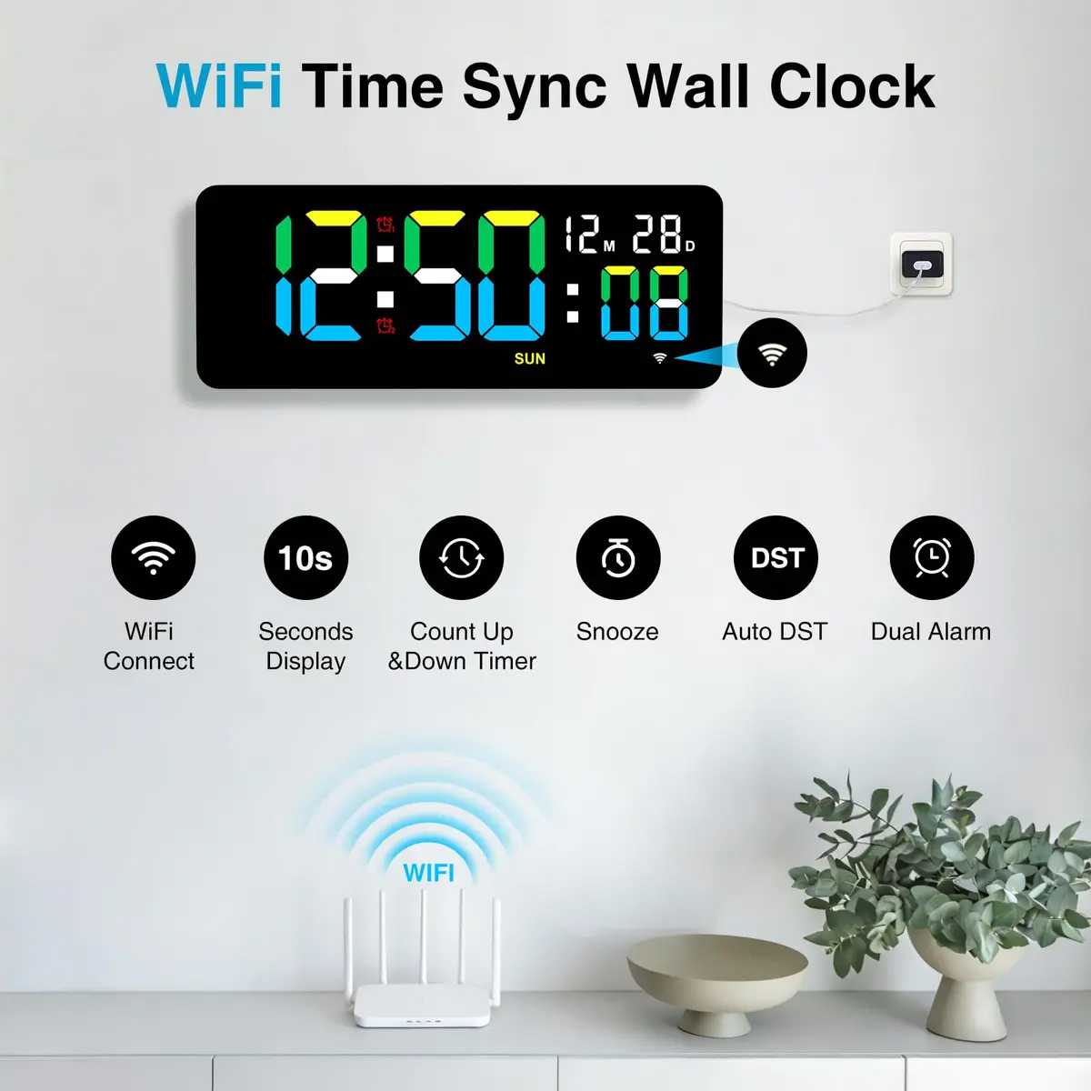 XREXS 12.2 Inch Digital Wall Clock WiFi Sync with Seconds & Remote Control | Large LED Display, Multi-Color Brightness, Calendar & Timer - view 2