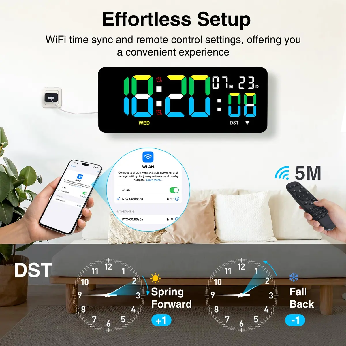 XREXS 12.2 Inch Digital Wall Clock WiFi Sync with Seconds & Remote Control | Large LED Display, Multi-Color Brightness, Calendar & Timer - view 3