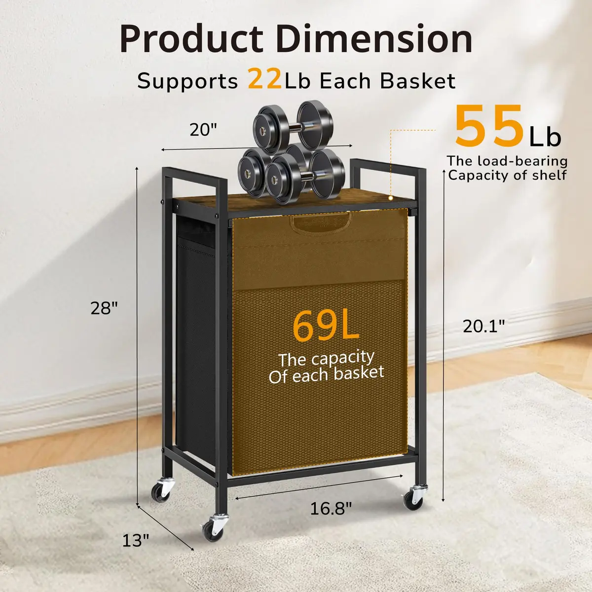BRITEMART Laundry Hamper with Shelf 69L | Metal Frame, Lockable Wheels, Removable Bags - view 6