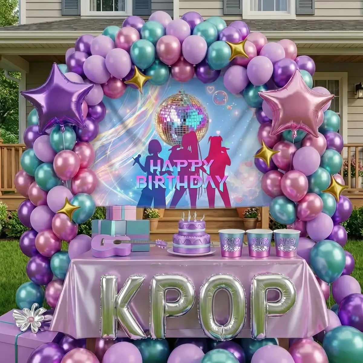 froufing Purple Green Pink Balloon Arch Garland Kit with Kpop Letter Mylar Balloons (91 Count) - main product image