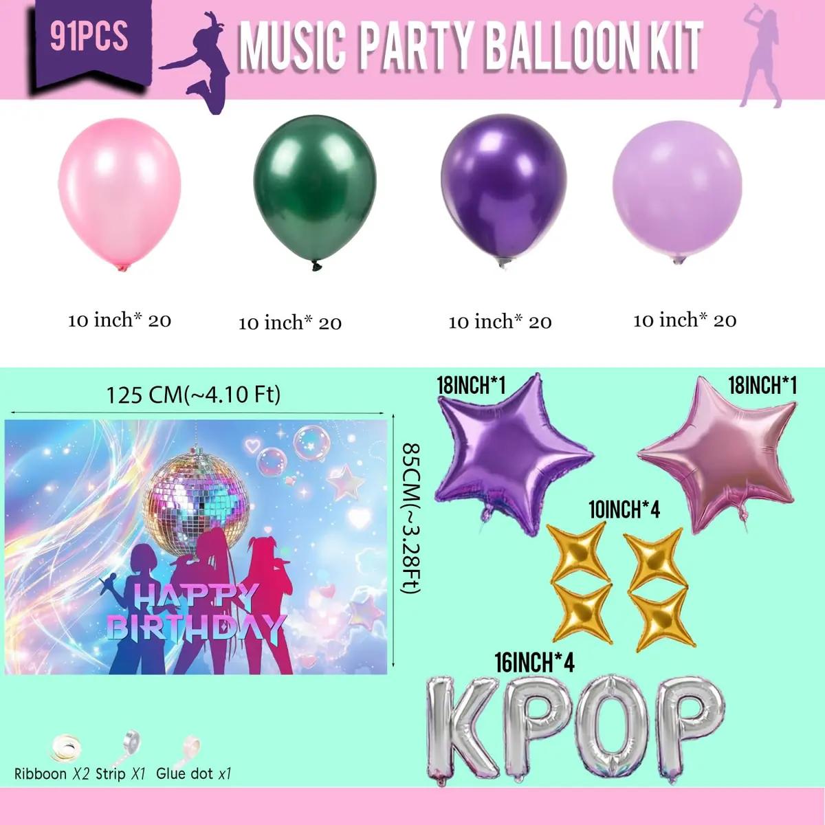 froufing Purple Green Pink Balloon Arch Garland Kit with Kpop Letter Mylar Balloons (91 Count) - view 6