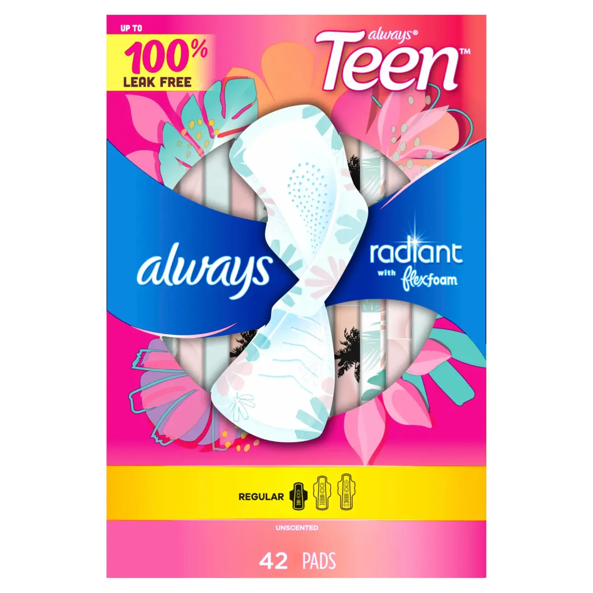 Always Radiant Teen Pads Size 1 Regular with Wings Unscented 126 Count | Up to 10 Hours Leak-Free Protection - view 9