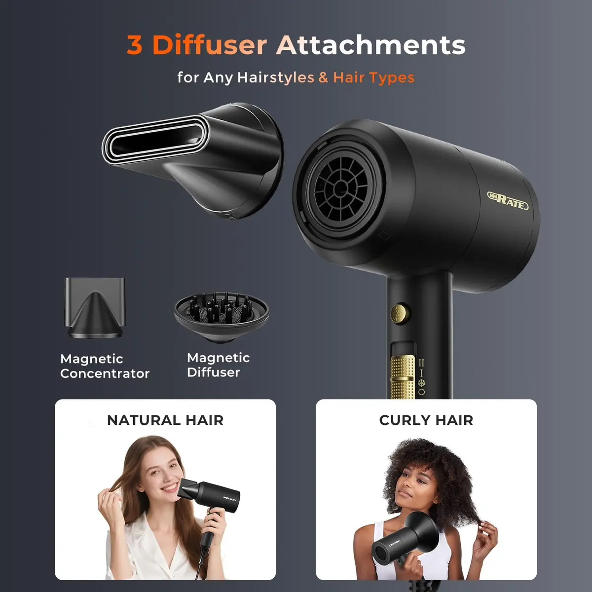 SHRATE Ionic Hair Dryer with Diffuser & Nozzle | Low Noise, 1800W, Compact & Portable for All Hair Types - view 6