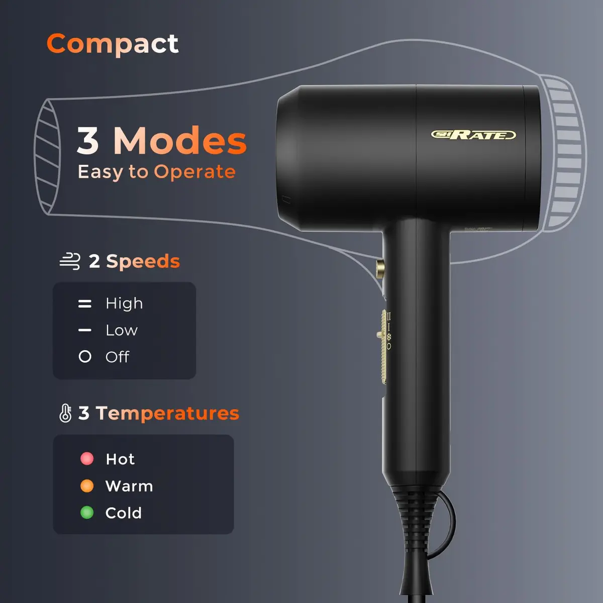 SHRATE Ionic Hair Dryer with Diffuser & Nozzle | Low Noise, 1800W, Compact & Portable for All Hair Types - view 7