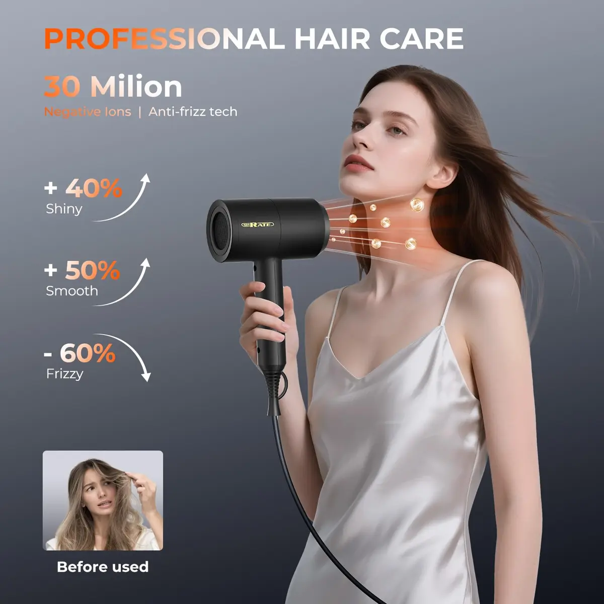 SHRATE Ionic Hair Dryer with Diffuser & Nozzle | Low Noise, 1800W, Compact & Portable for All Hair Types - view 3