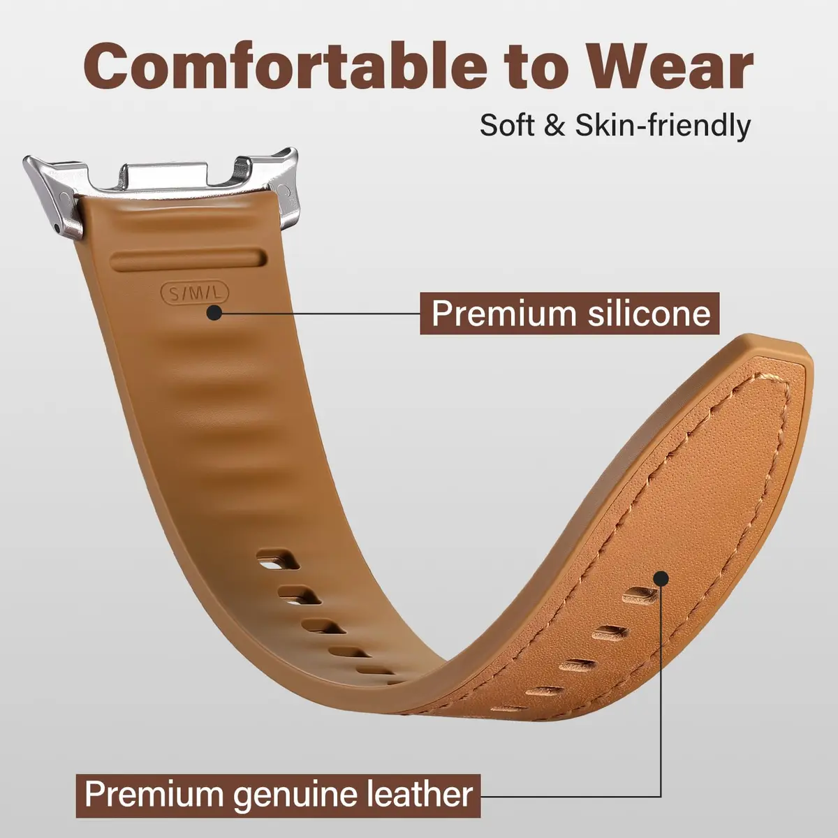 Dirrelo Hybrid Leather & Silicone Watch Band Compatible with Samsung Galaxy Watch 8/9 40mm/44mm & Classic 46mm | Breathable, Sweat-Resistant, Hypoallergenic - view 3
