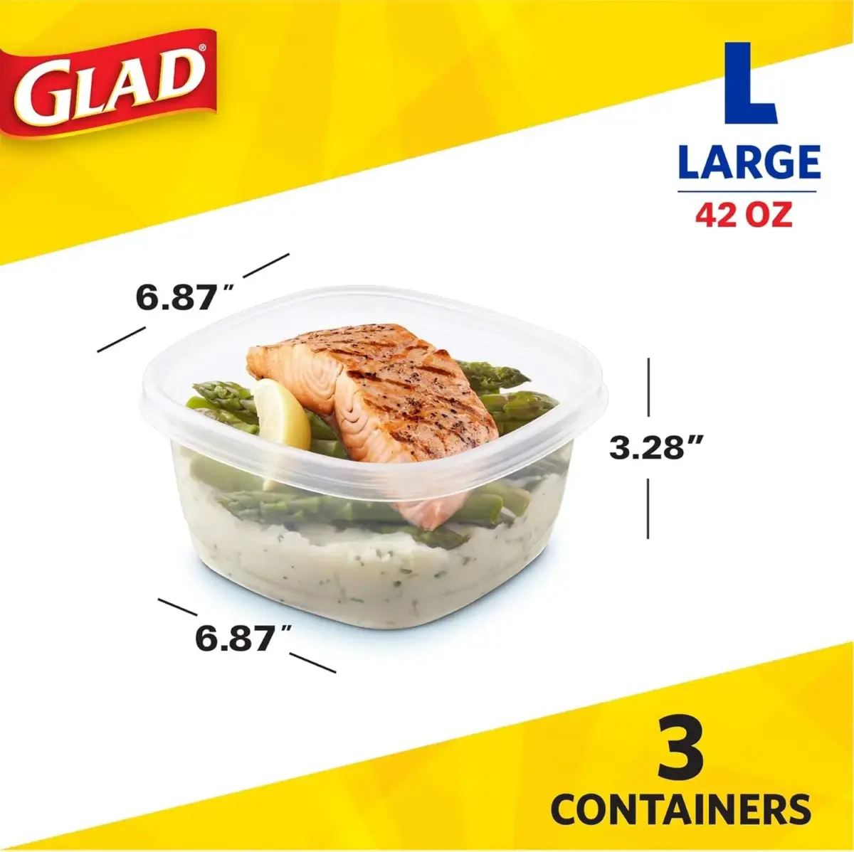 Glad GladWare Tall Entree Containers, Large Square, 42 Oz, 3 Count, 2-Pack - view 2