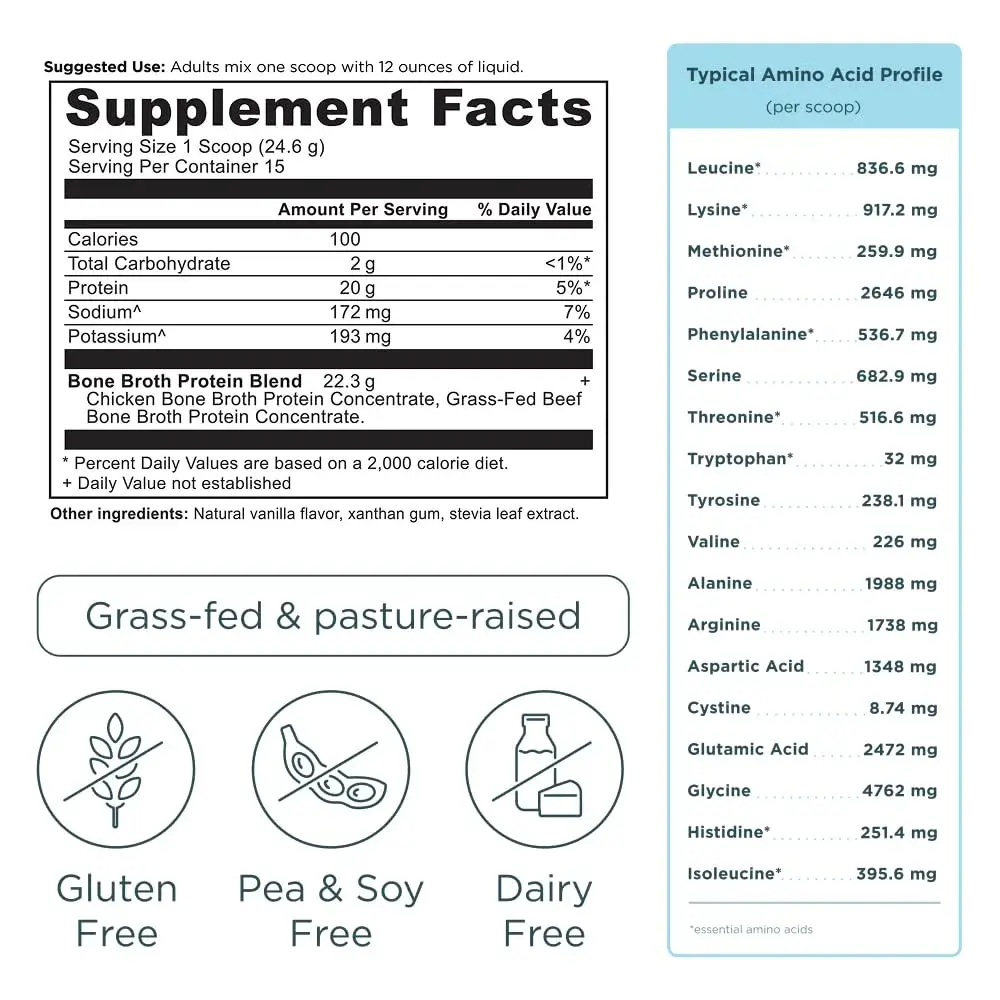 Ancient Nutrition Grass Fed Bone Broth Protein Powder Vanilla 13oz (368g) | 20g Protein, Gut + Joint Support - view 8