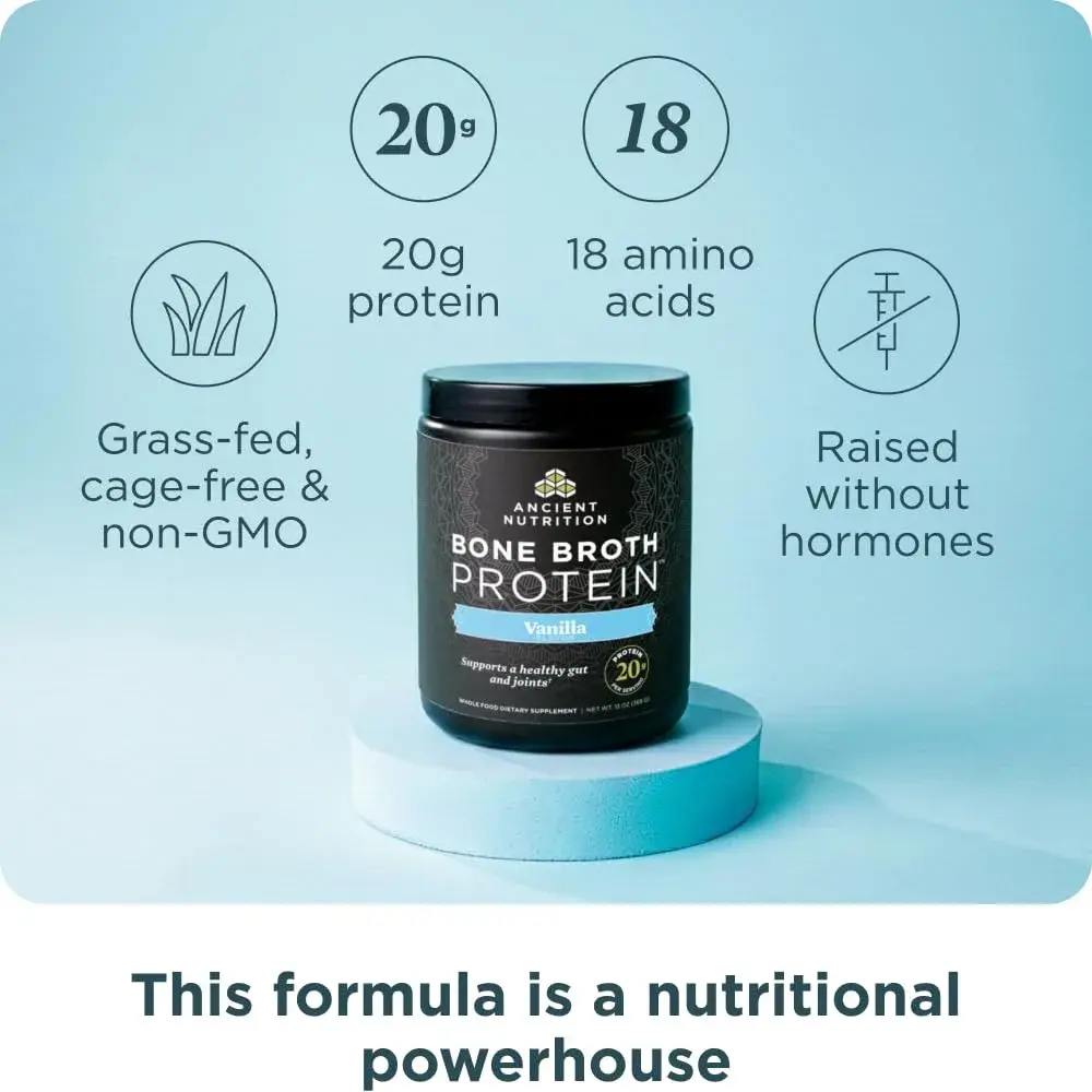 Ancient Nutrition Grass Fed Bone Broth Protein Powder Vanilla 13oz (368g) | 20g Protein, Gut + Joint Support - view 2