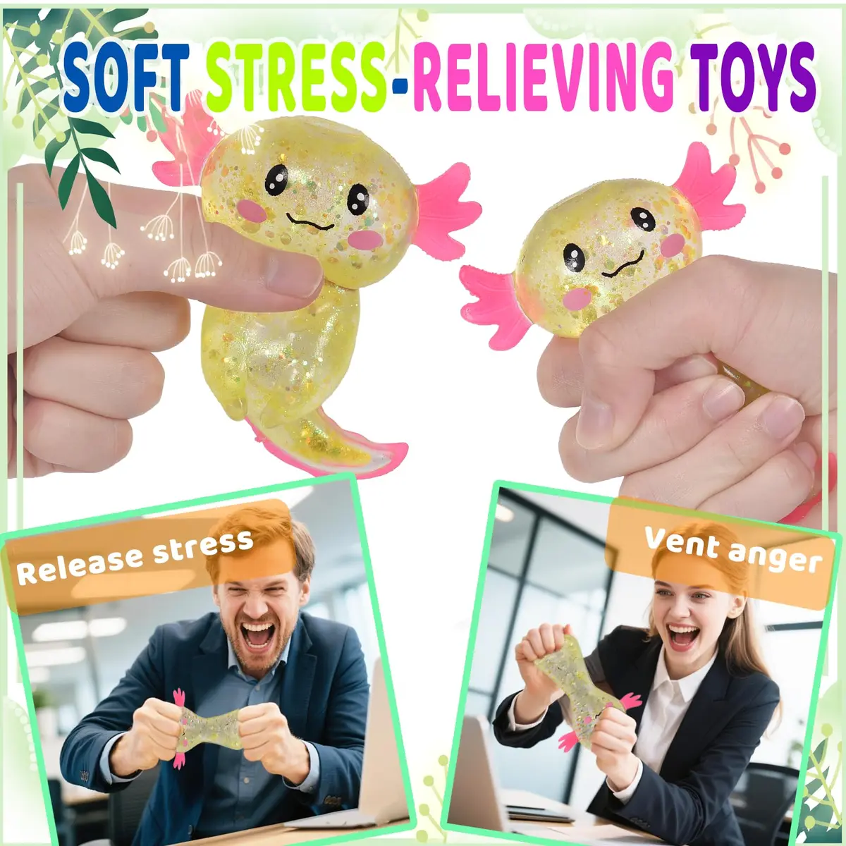 Puffwize Axolotl Squishy Stress Relief Toy Glitter Fidget Toy Yellow | 8.9 cm (3.5 inches) - view 5
