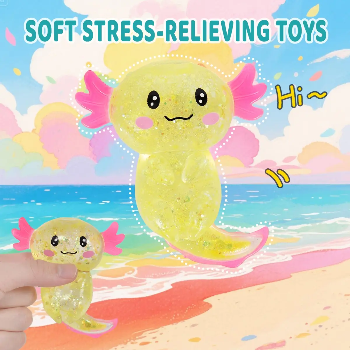 Puffwize Axolotl Squishy Stress Relief Toy Glitter Fidget Toy Yellow | 8.9 cm (3.5 inches) - view 7