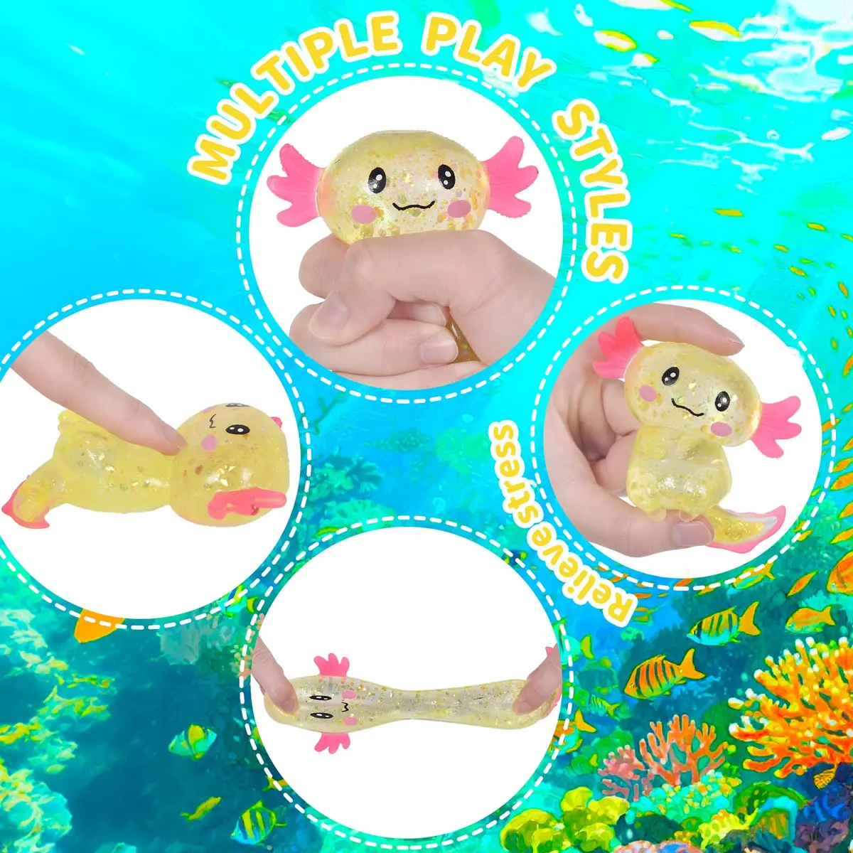 Puffwize Axolotl Squishy Stress Relief Toy Glitter Fidget Toy Yellow | 8.9 cm (3.5 inches) - view 2