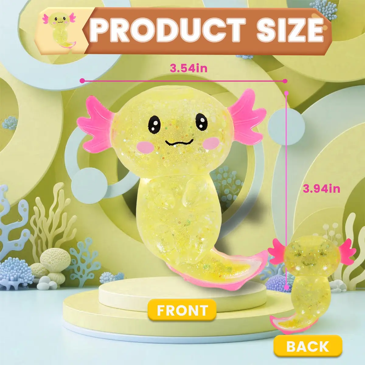 Puffwize Axolotl Squishy Stress Relief Toy Glitter Fidget Toy Yellow | 8.9 cm (3.5 inches) - view 3