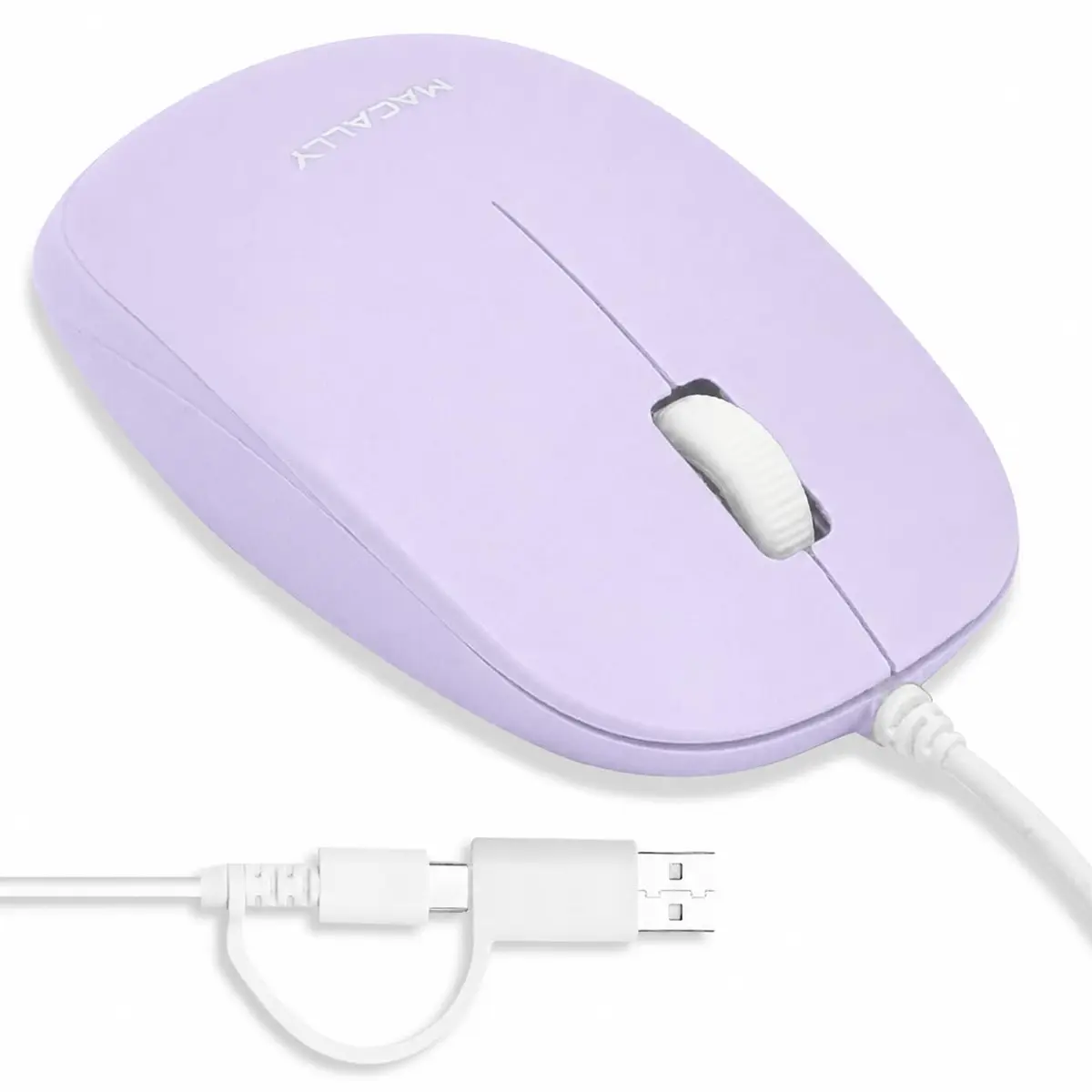 Macally Wired Mouse for Mac and PC - Dual USB C + A Plug - Ambidextrous 3 Button Optical Sensor, 1200 DPI, Purple - main product image