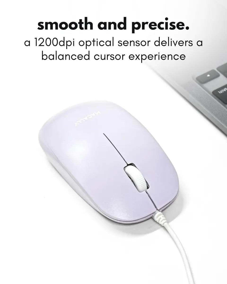 Macally Wired Mouse for Mac and PC - Dual USB C + A Plug - Ambidextrous 3 Button Optical Sensor, 1200 DPI, Purple - view 5