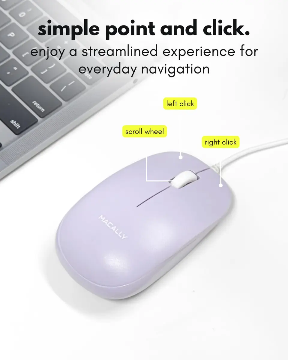 Macally Wired Mouse for Mac and PC - Dual USB C + A Plug - Ambidextrous 3 Button Optical Sensor, 1200 DPI, Purple - view 6
