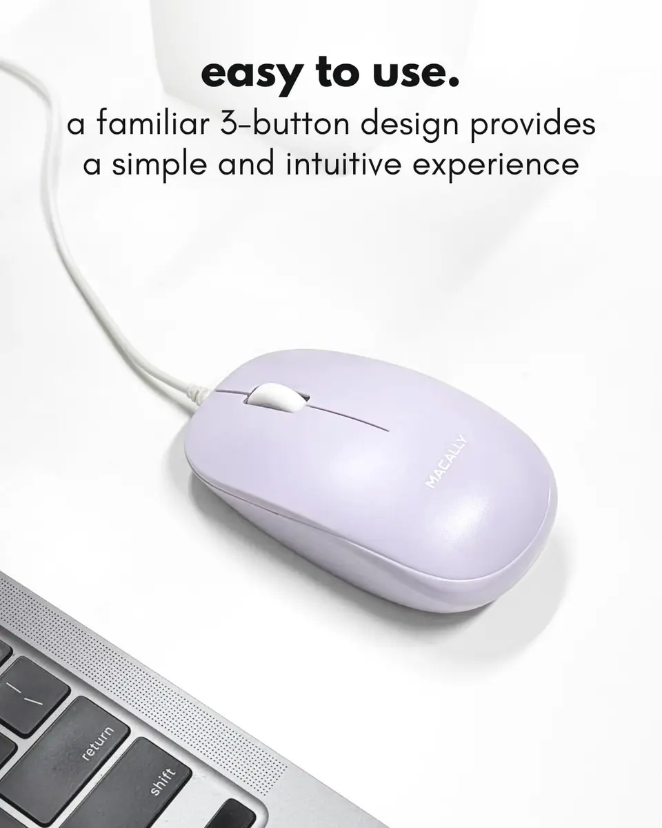 Macally Wired Mouse for Mac and PC - Dual USB C + A Plug - Ambidextrous 3 Button Optical Sensor, 1200 DPI, Purple - view 2