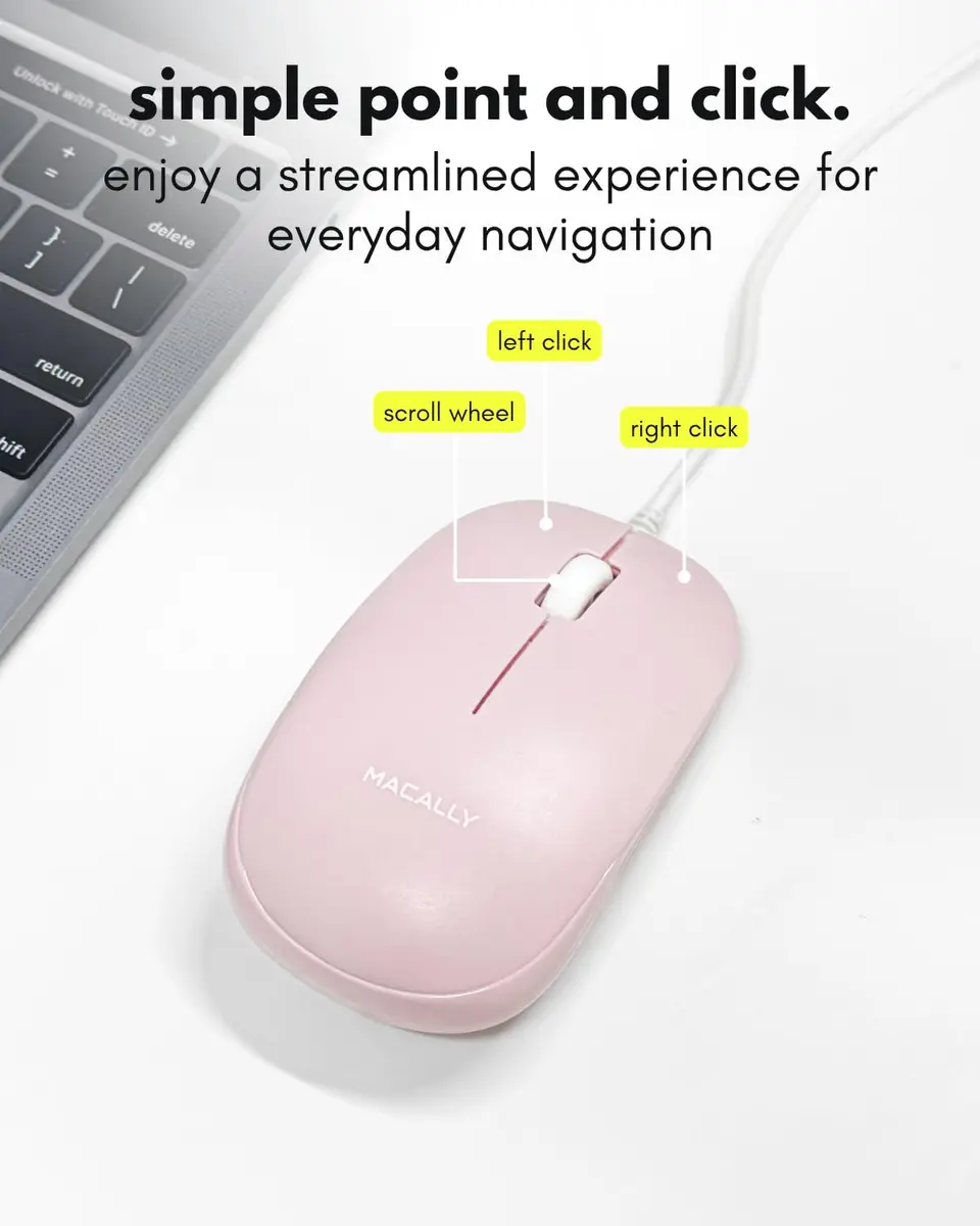 Macally Wired Mouse for Mac and PC - Dual USB C + A - Ambidextrous 3 Button, 1200 DPI, Pink | Simple, Reliable Control - view 6
