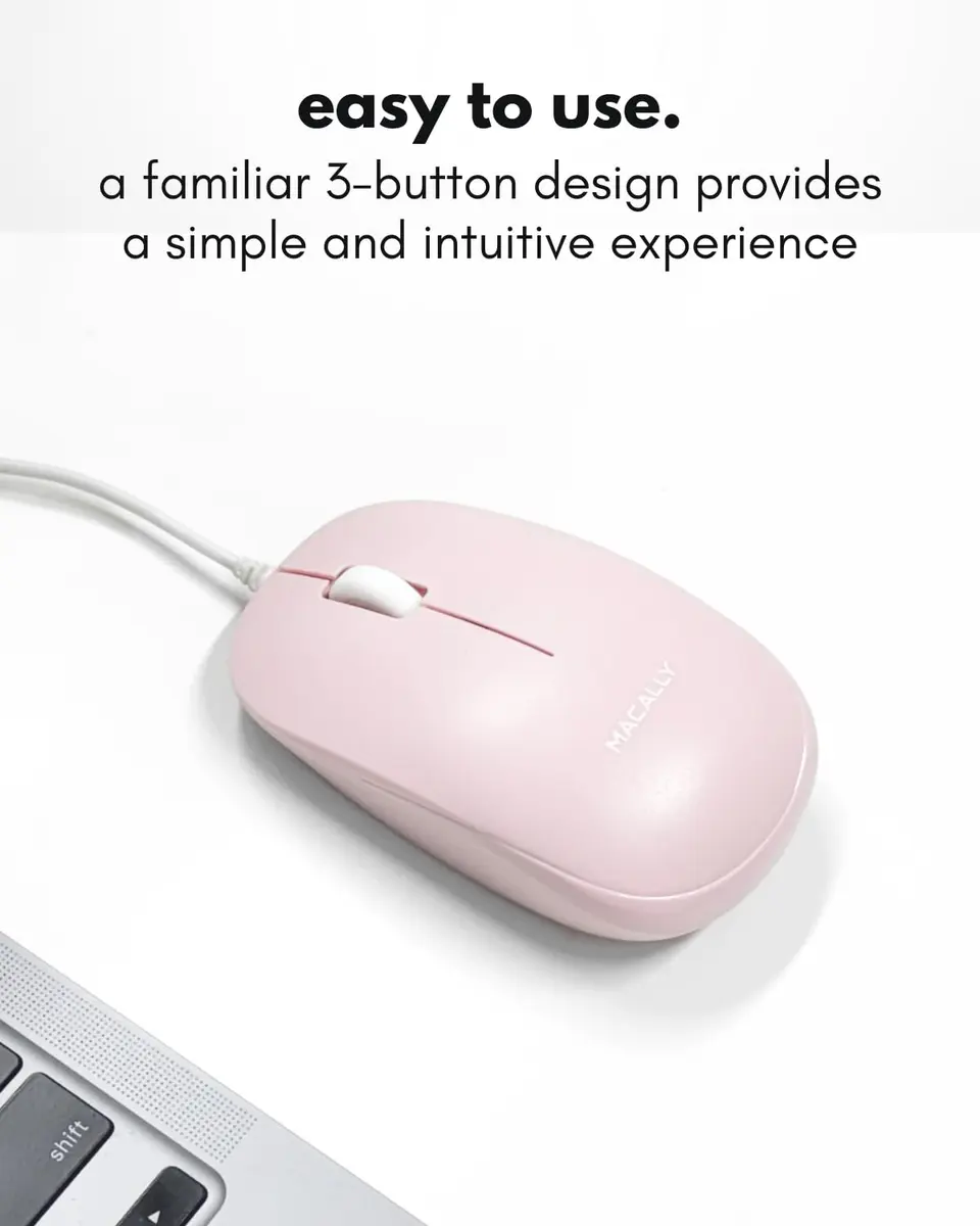 Macally Wired Mouse for Mac and PC - Dual USB C + A - Ambidextrous 3 Button, 1200 DPI, Pink | Simple, Reliable Control - view 2