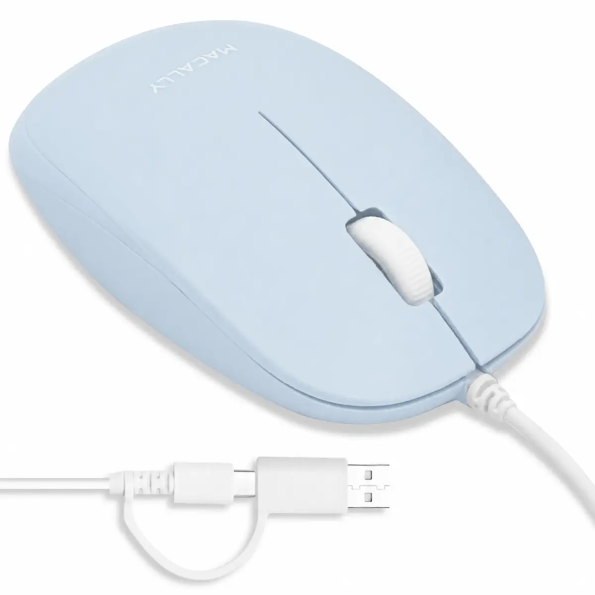 Macally Wired Mouse for Mac and PC - Dual USB C + A Plug - Ambidextrous 3 Button, 1200 DPI, Blue - main product image