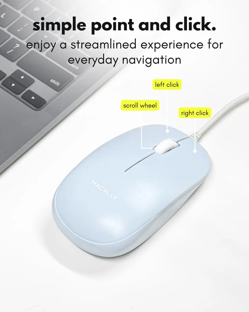 Macally Wired Mouse for Mac and PC - Dual USB C + A Plug - Ambidextrous 3 Button, 1200 DPI, Blue - view 6