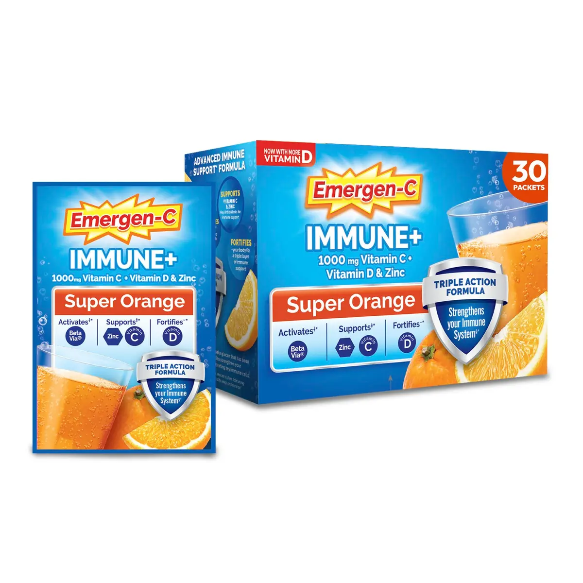 Emergen-C Immune+ Triple Action Immune Support Powder, BetaVia (R), 1000mg Vitamin C, B Vitamins, Vitamin D and Antioxidants, Super Orange – 30 Count, Pack of 3 | Supports immune health in India - main product image