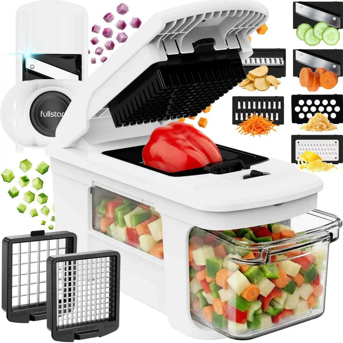 Fullstar Pro XL Vegetable Chopper & Mandoline Slicer with Catch Tray, 1.8L Container | 8 Interchangeable Stainless Steel Blades - main product image