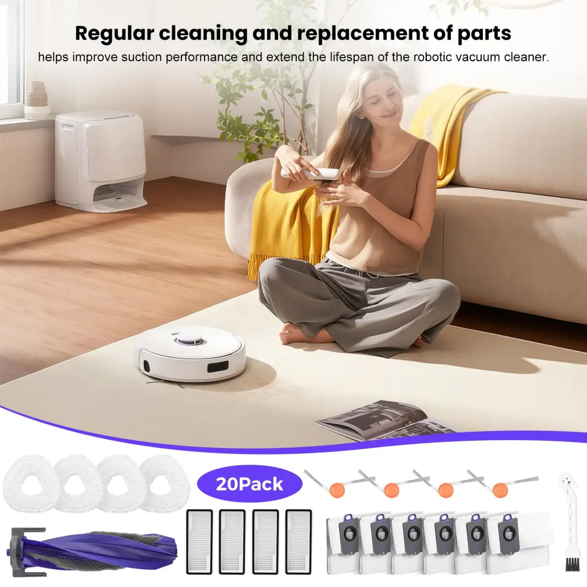 BTRSOLUS Robot Vacuum Accessories Kit for NARWAL Freo X10 Pro | 20 Pcs: 1 Main Brush, 6 Dust Bags, 4 Hepa Filters, 4 Mop Pads, 4 Side Brushes, 1 Clean Tool - view 8