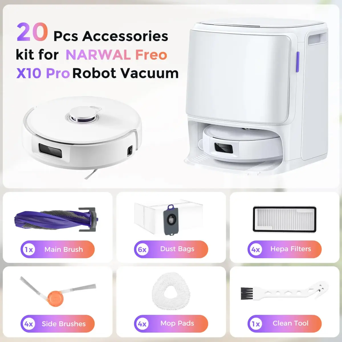 BTRSOLUS Robot Vacuum Accessories Kit for NARWAL Freo X10 Pro | 20 Pcs: 1 Main Brush, 6 Dust Bags, 4 Hepa Filters, 4 Mop Pads, 4 Side Brushes, 1 Clean Tool - view 2