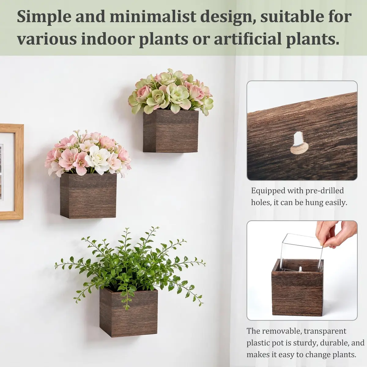 Dahey Small Wall Hanging Planters 3 Pack 4 Inch Wood Pot with Plastic Liner | Rustic Wall Decor for Indoor & Outdoor - view 4