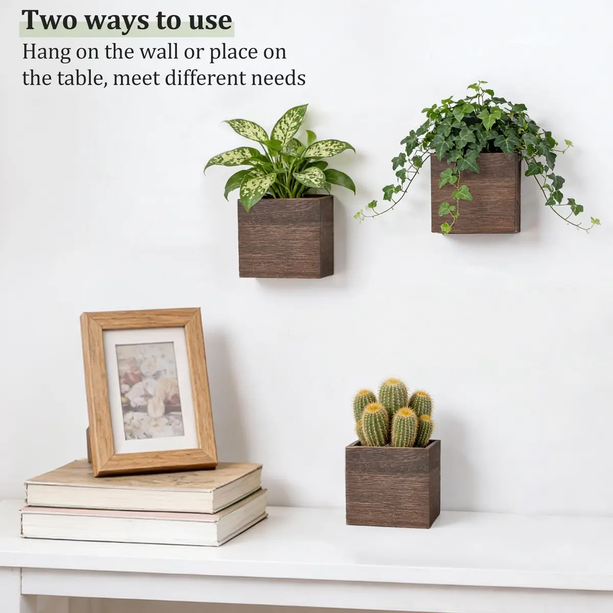 Dahey Small Wall Hanging Planters 3 Pack 4 Inch Wood Pot with Plastic Liner | Rustic Wall Decor for Indoor & Outdoor - view 5