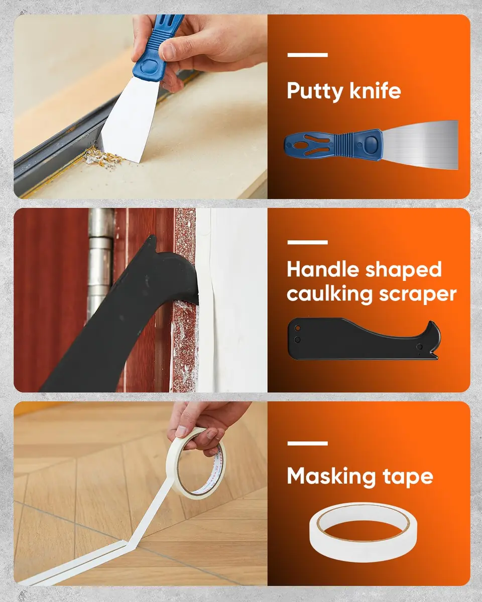 Saker Caulk Gun Kit, Manual Caulking Gun with 11-in-1 Caulking Tool Set, Silicone Sealant Finishing Tools, Grout Scrapers & Shapers with Masking Tape for Bathroom, Kitchen, Window & Home Repair | Heavy-Duty, Dripless, 10oz Cartridge - view 5