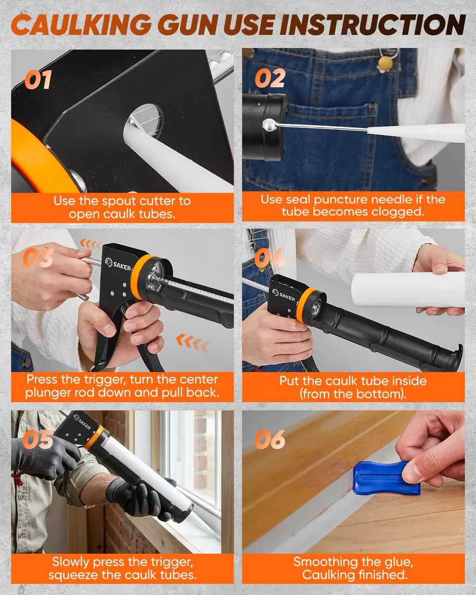 Saker Caulk Gun Kit, Manual Caulking Gun with 11-in-1 Caulking Tool Set, Silicone Sealant Finishing Tools, Grout Scrapers & Shapers with Masking Tape for Bathroom, Kitchen, Window & Home Repair | Heavy-Duty, Dripless, 10oz Cartridge - view 8