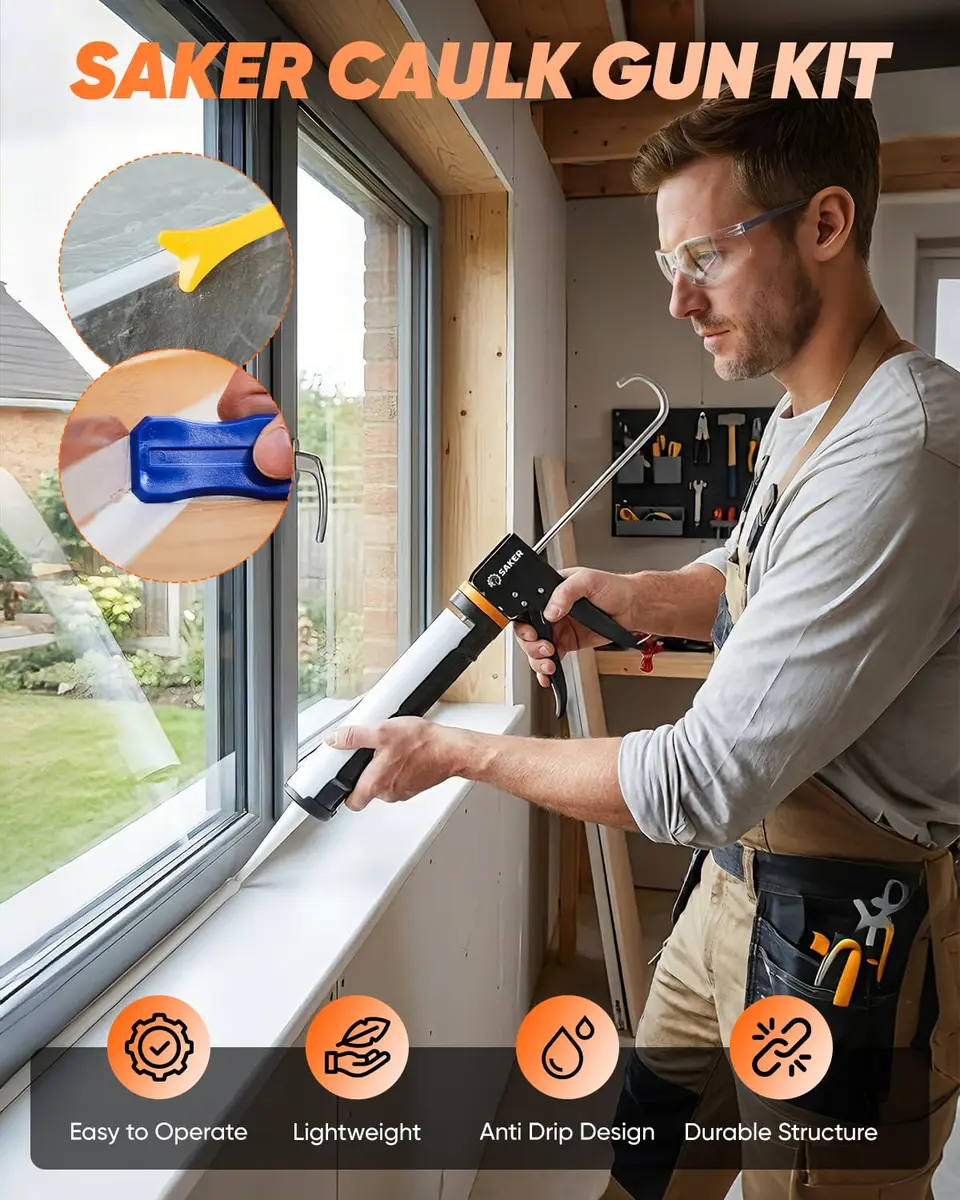 Saker Caulk Gun Kit, Manual Caulking Gun with 11-in-1 Caulking Tool Set, Silicone Sealant Finishing Tools, Grout Scrapers & Shapers with Masking Tape for Bathroom, Kitchen, Window & Home Repair | Heavy-Duty, Dripless, 10oz Cartridge - view 2