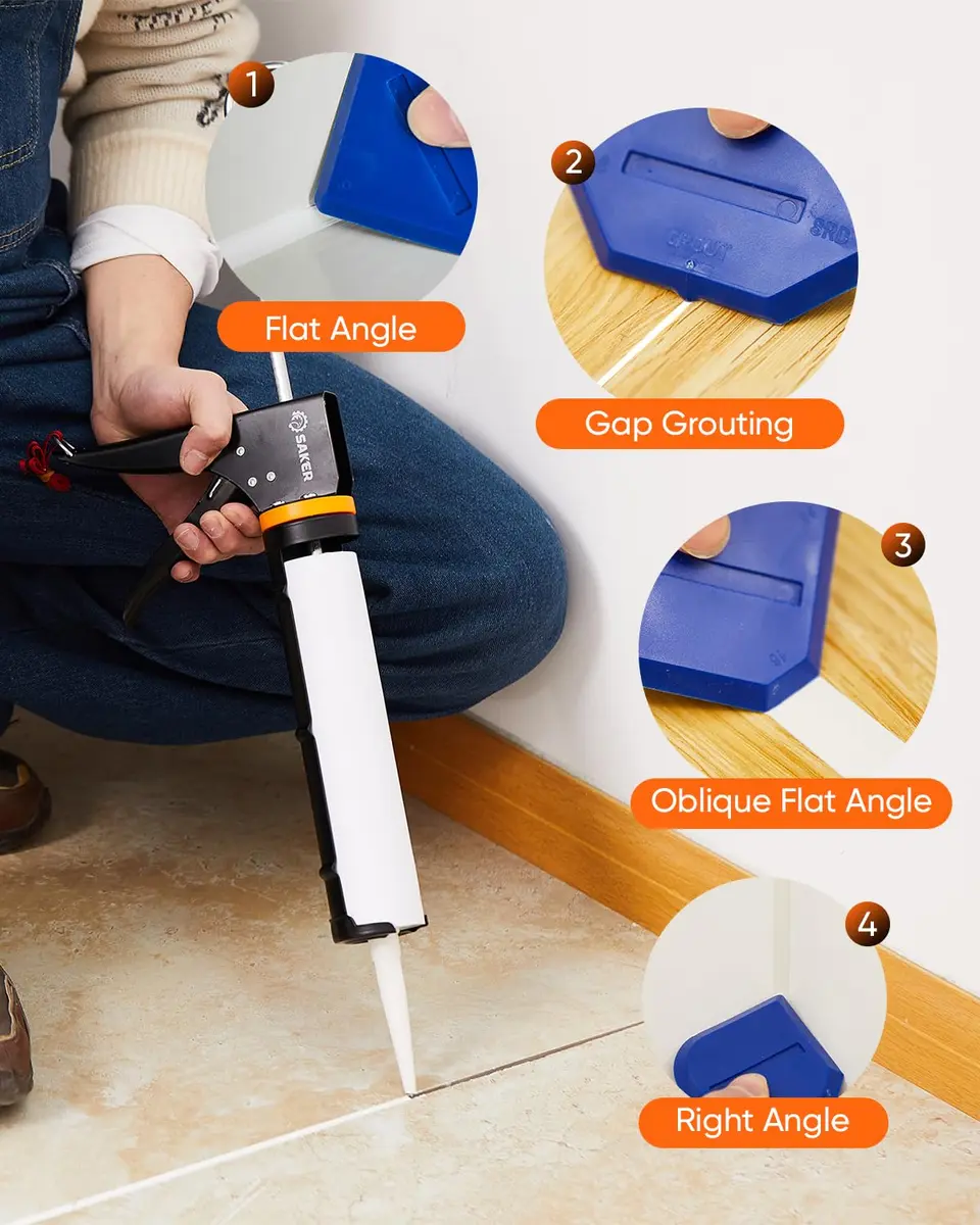 Saker Caulk Gun Kit, Manual Caulking Gun with 11-in-1 Caulking Tool Set, Silicone Sealant Finishing Tools, Grout Scrapers & Shapers with Masking Tape for Bathroom, Kitchen, Window & Home Repair | Heavy-Duty, Dripless, 10oz Cartridge - view 3