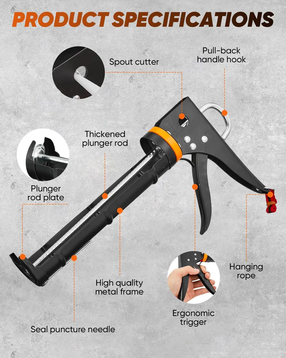 Saker Caulk Gun Kit, Manual Caulking Gun with 11-in-1 Caulking Tool Set, Silicone Sealant Finishing Tools, Grout Scrapers & Shapers with Masking Tape for Bathroom, Kitchen, Window & Home Repair | Heavy-Duty, Dripless, 10oz Cartridge - view 4