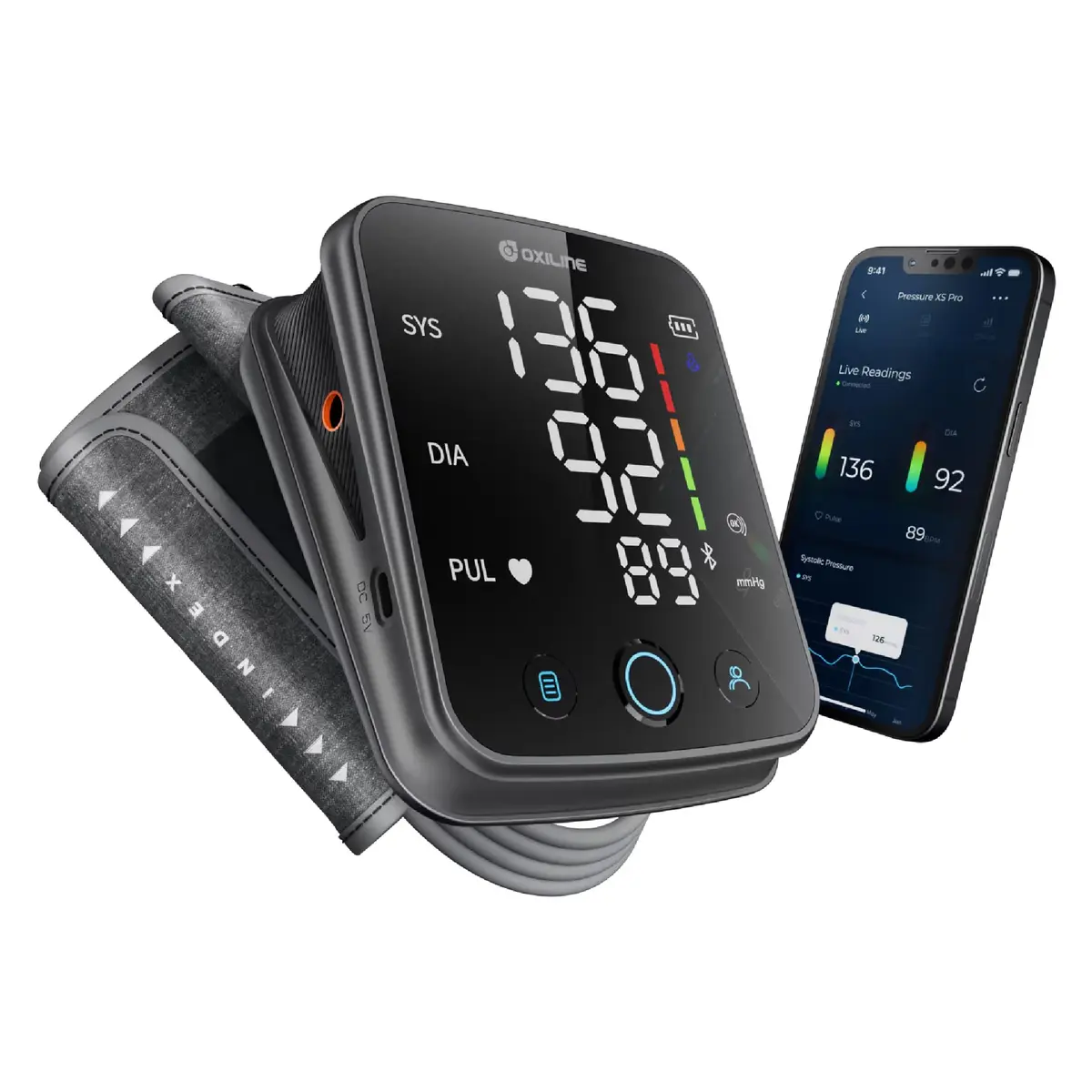 Oxiline Pressure XS Pro Bluetooth Blood Pressure Monitor, Upper Arm Cuff 22–42 cm, Accurate Digital Systolic/Diastolic, Large Display, Mobile App Compatible (1 Unit) - main product image