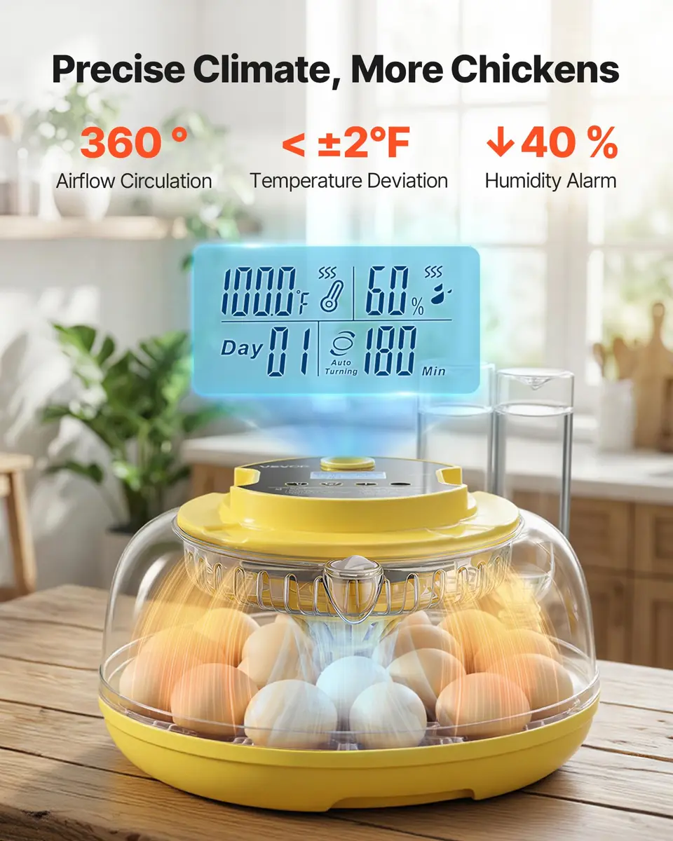 VEVOR 18-Egg Incubator Automatic Poultry Egg Turner with LED Candler | 360° Air Circulation & Humidity Control - view 2
