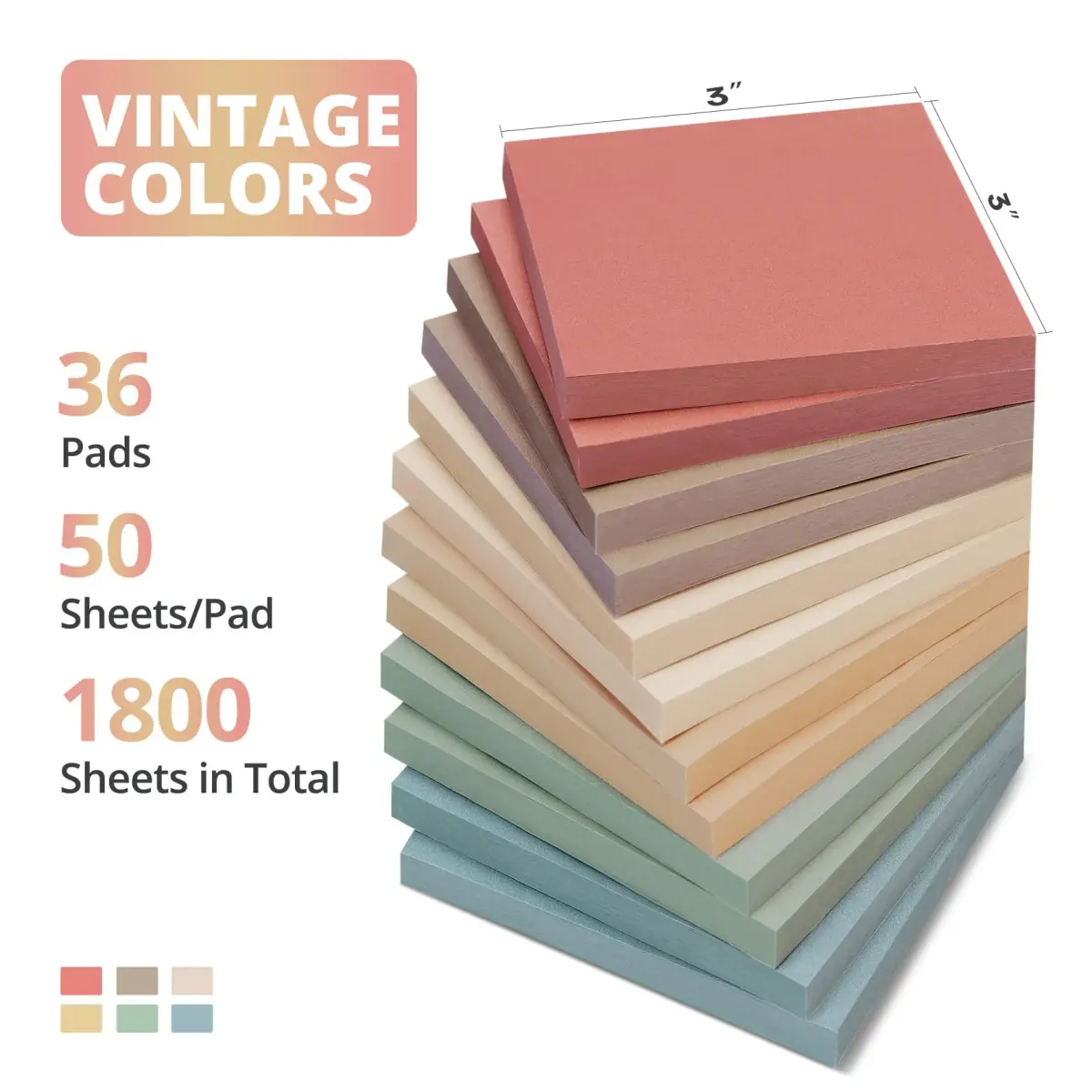 Taja Vintage Sticky Notes 3x3 Inch (7.6x7.6 cm) | 36 Pads Bulk Pack for Office, School, Home Organization - view 2