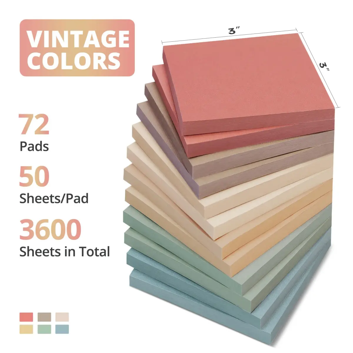 Taja Vintage Color Sticky Notes 72 Pads (7.6cm x 7.6cm / 3x3 Inch) | Bulk Pack for Office, School, Home - view 2