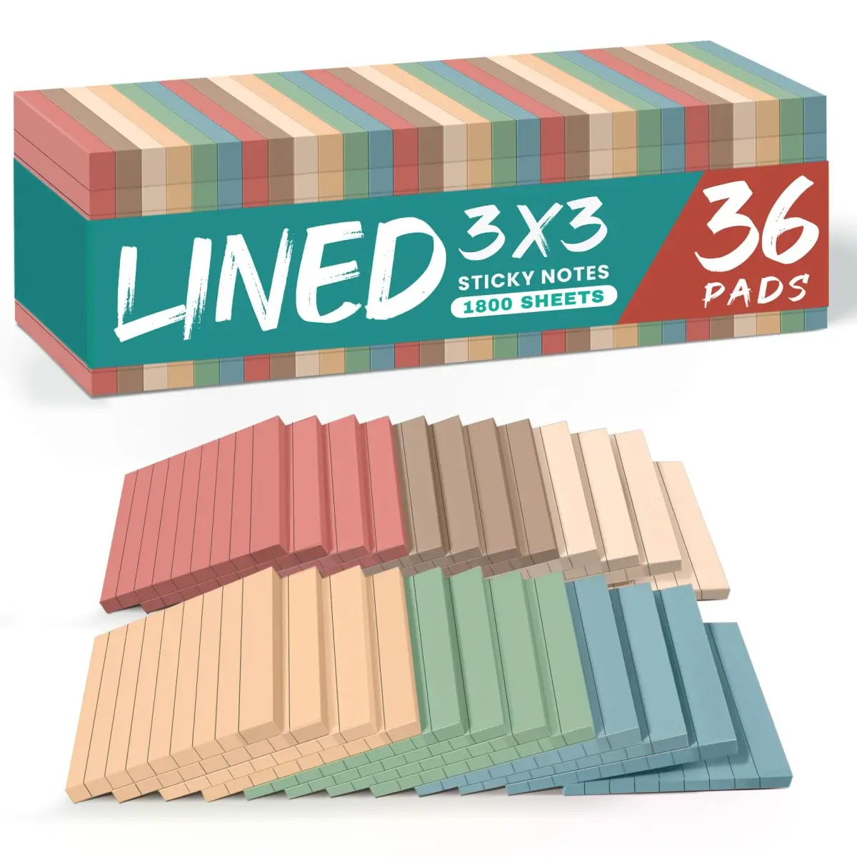 Taja Lined Sticky Notes 3x3 Inches, 36 Pads | Vintage Pastel Colors for Organization - main product image